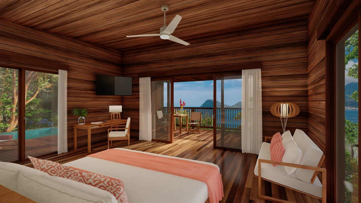 Artist’s rendering of cGI render — bedroom interior, all-timber walls and ceiling, ceiling fan, bed with coral runner, sliding doors