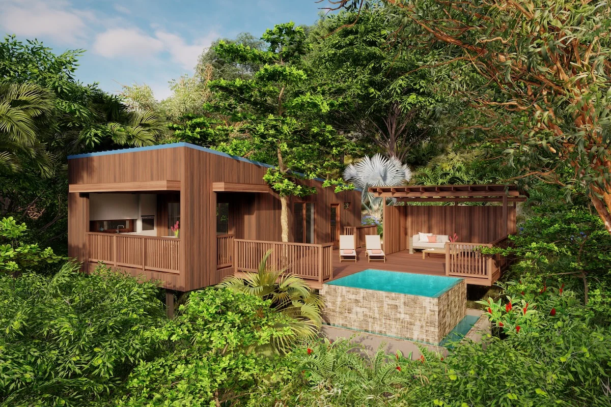 Artist’s rendering of cGI render — waterfront Mapou villa exterior with plunge pool, tighter crop than Mapou-Unit. Most recent upload