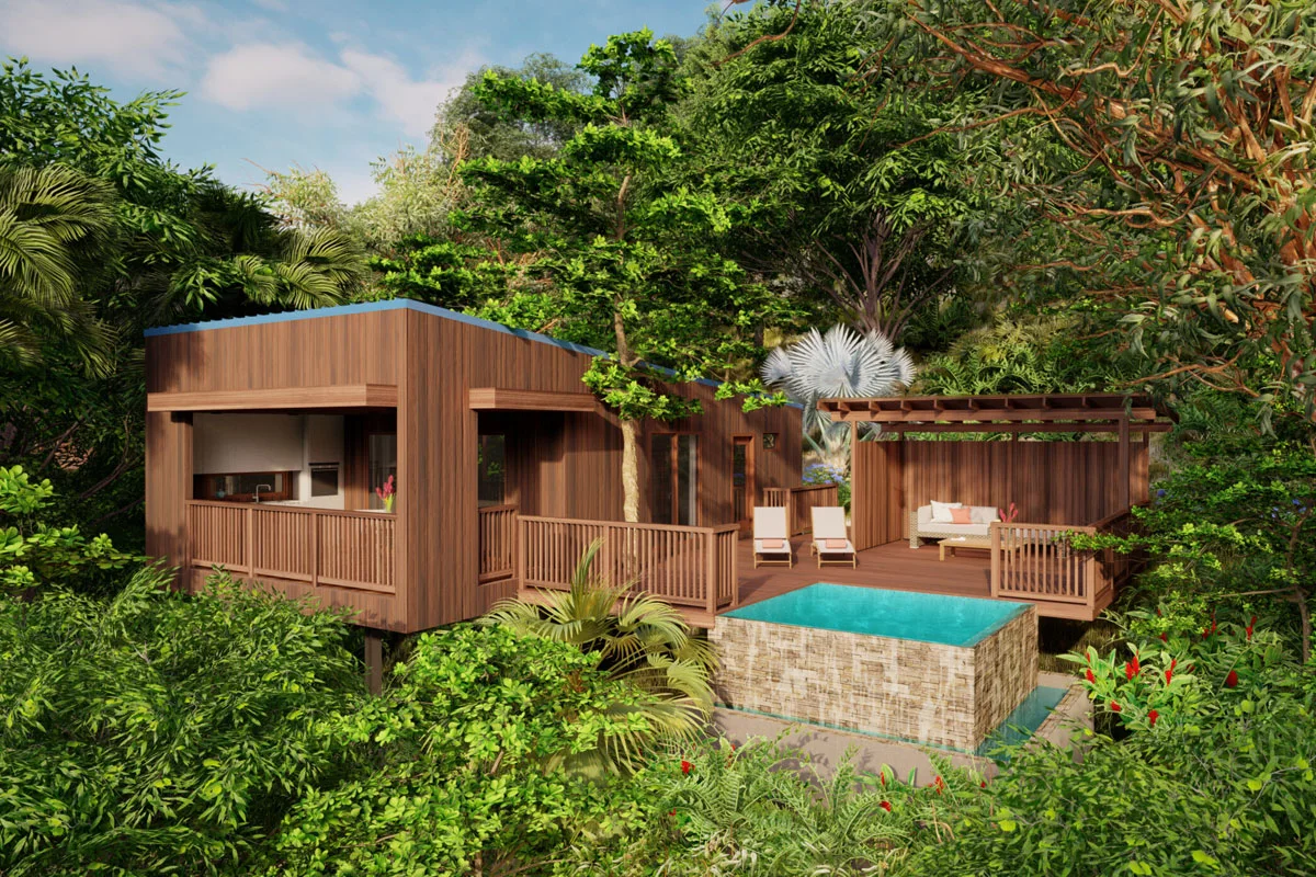 Artist’s rendering of cGI render — Mapou villa exterior in rainforest with plunge pool, another crop of the same render. 1200x800