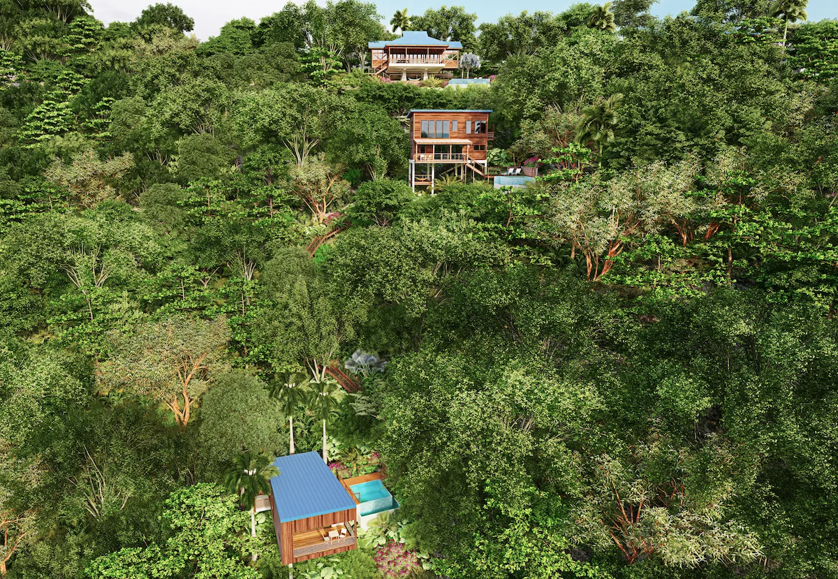 Artist’s rendering of cGI render — three villas (Zabuco VI, Ti-Fèy III and Mapou I per the filename) stepping down a rainforest