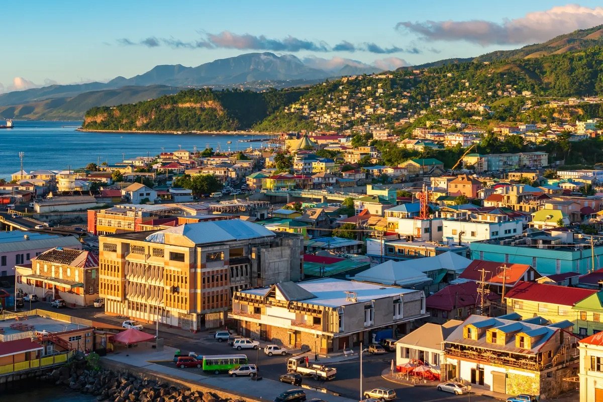 Roseau, Dominica, with the mountains rising behind the town